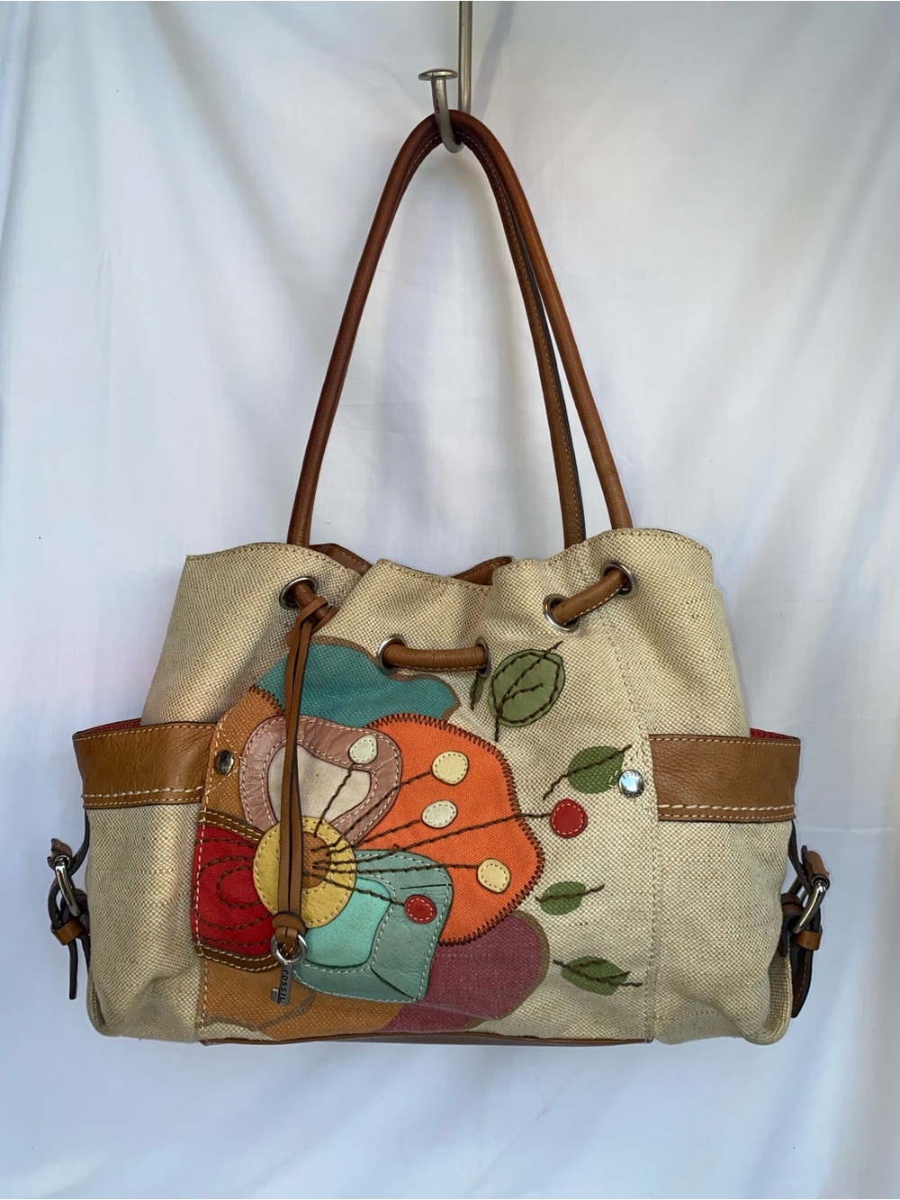 Vintage Fossil Canvas Floral Applique Tote Shoulder Bag with Brown Leather Trim